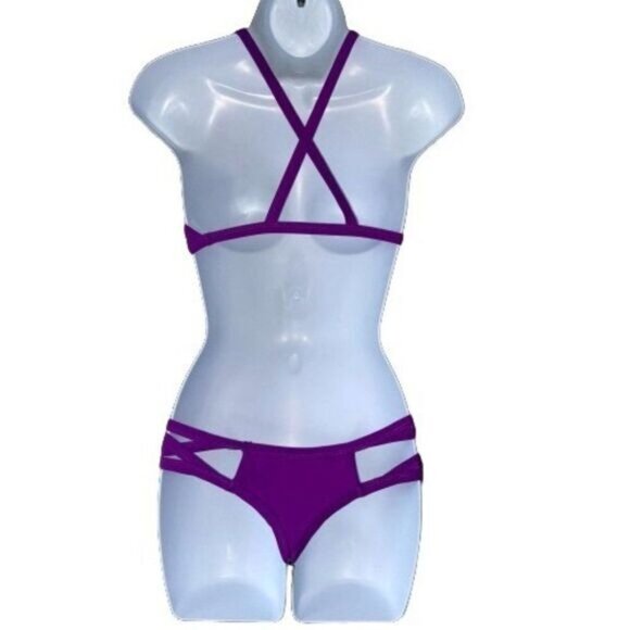 Halter neck Criss-Cross Front Bralette Top Bikini‎ Women's Strap Side Bottom - Picture 2 of 6